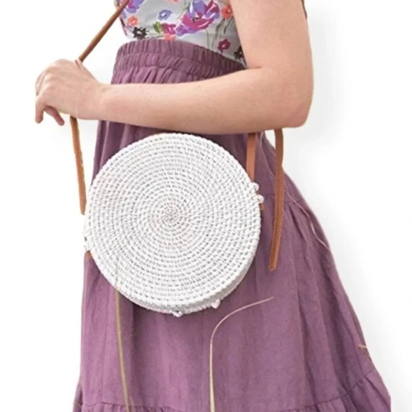 Round Wicker Rattan Hand Woven Crossbody Shoulder Purse Beach Bags leather strap - Picture 5 of 5